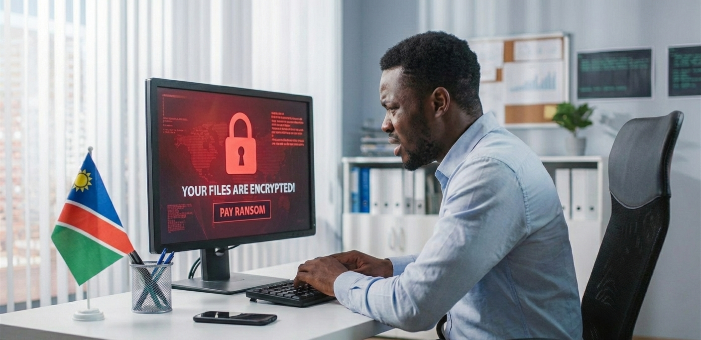 A worried man in an office looking at a computer screen that displays a red ransomware message with a padlock and the text "YOUR FILES ARE ENCRYPTED!", with a small Namibian flag on his desk  cybercriminals