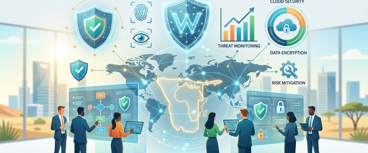 A professional, high tech cybersecurity center featuring diverse professionals interacting with holographic displays of security data and risk mitigation charts  The scene is bright and optimistic, highlighted by a glowing gold outline of Namibia on a digital world map to represent proactive digital protection 